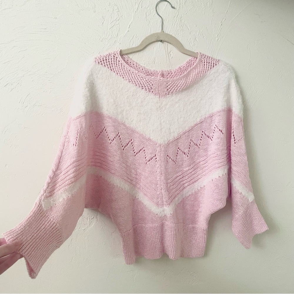 Pink Open Knit Dolman Sweater with White Fuzzy Chevron Stripes
